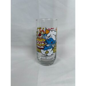 Vintage 1983 Smurfs Baker Smurf Birthday Party Drinking Glass Wallace Berrie